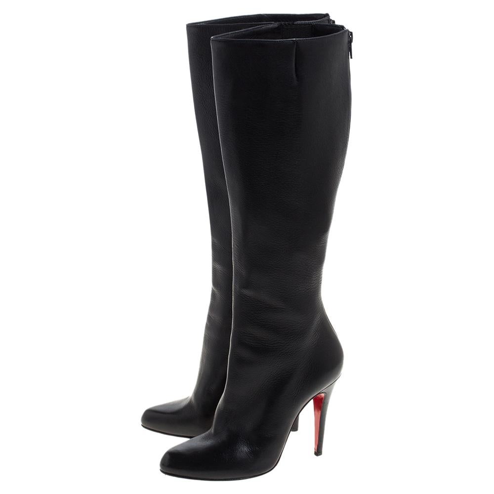 Women's Christian Louboutin Black Leather New Simple Botta Knee Length Boots Size 36