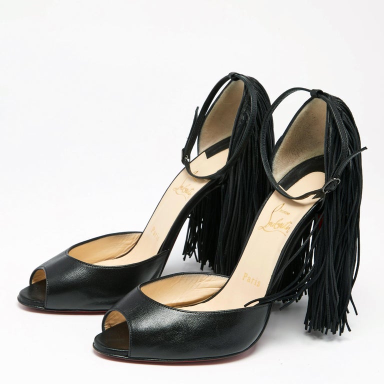 Christian Louboutin Black Leather Otrot Fringe Ankle-Strap Sandals Size 40 For Sale at 1stDibs