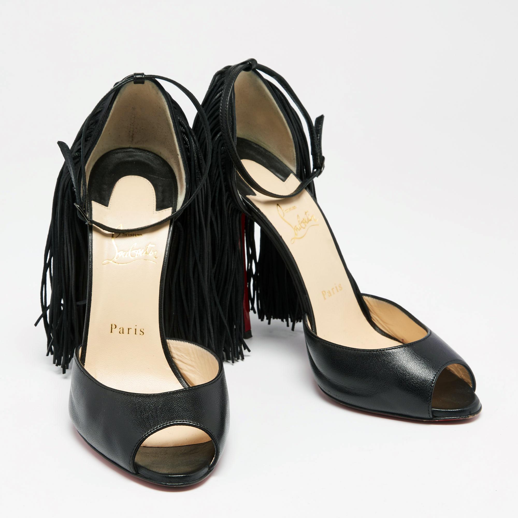 Women's Christian Louboutin Black Leather Otrot Fringe Ankle-Strap Sandals Size 40