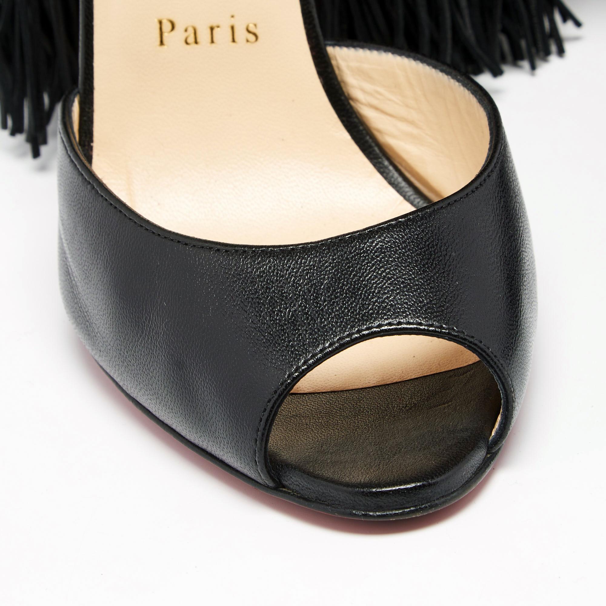 Christian Louboutin Black Leather Otrot Fringe Ankle-Strap Sandals Size 40 1