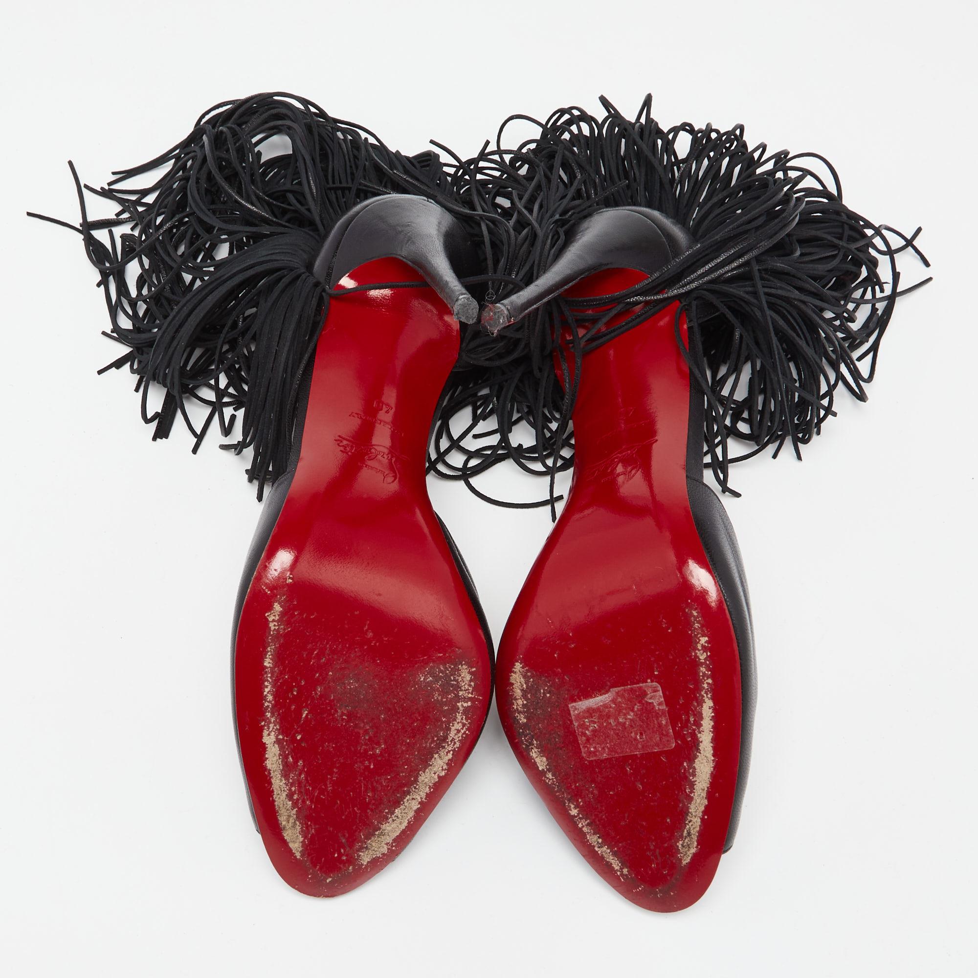 Christian Louboutin Black Leather Otrot Fringe Ankle-Strap Sandals Size 40 3