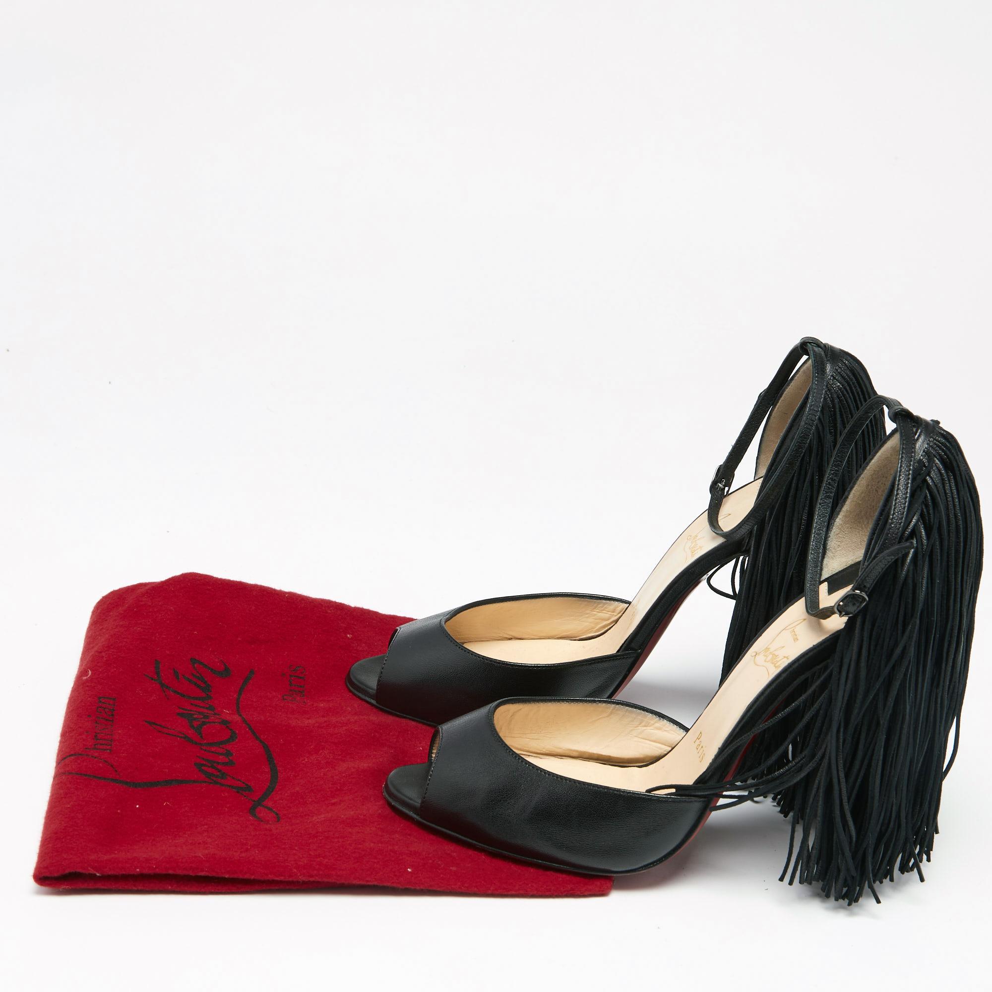 Christian Louboutin Black Leather Otrot Fringe Ankle-Strap Sandals Size 40 5