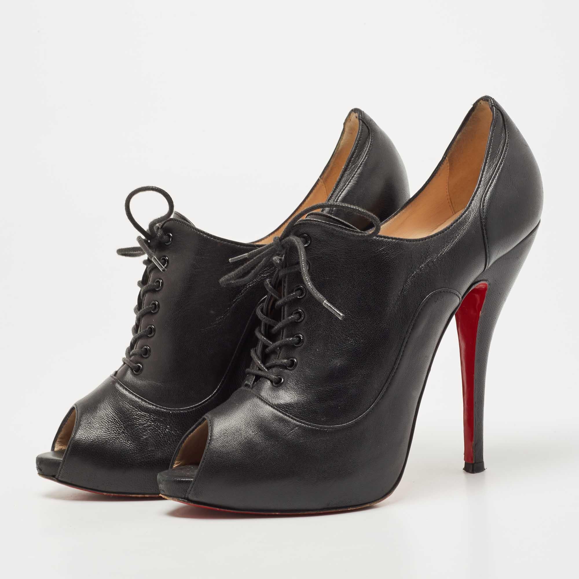 Women's Christian Louboutin Black Leather Peep Toe Lace Up Booties Size 38.5
