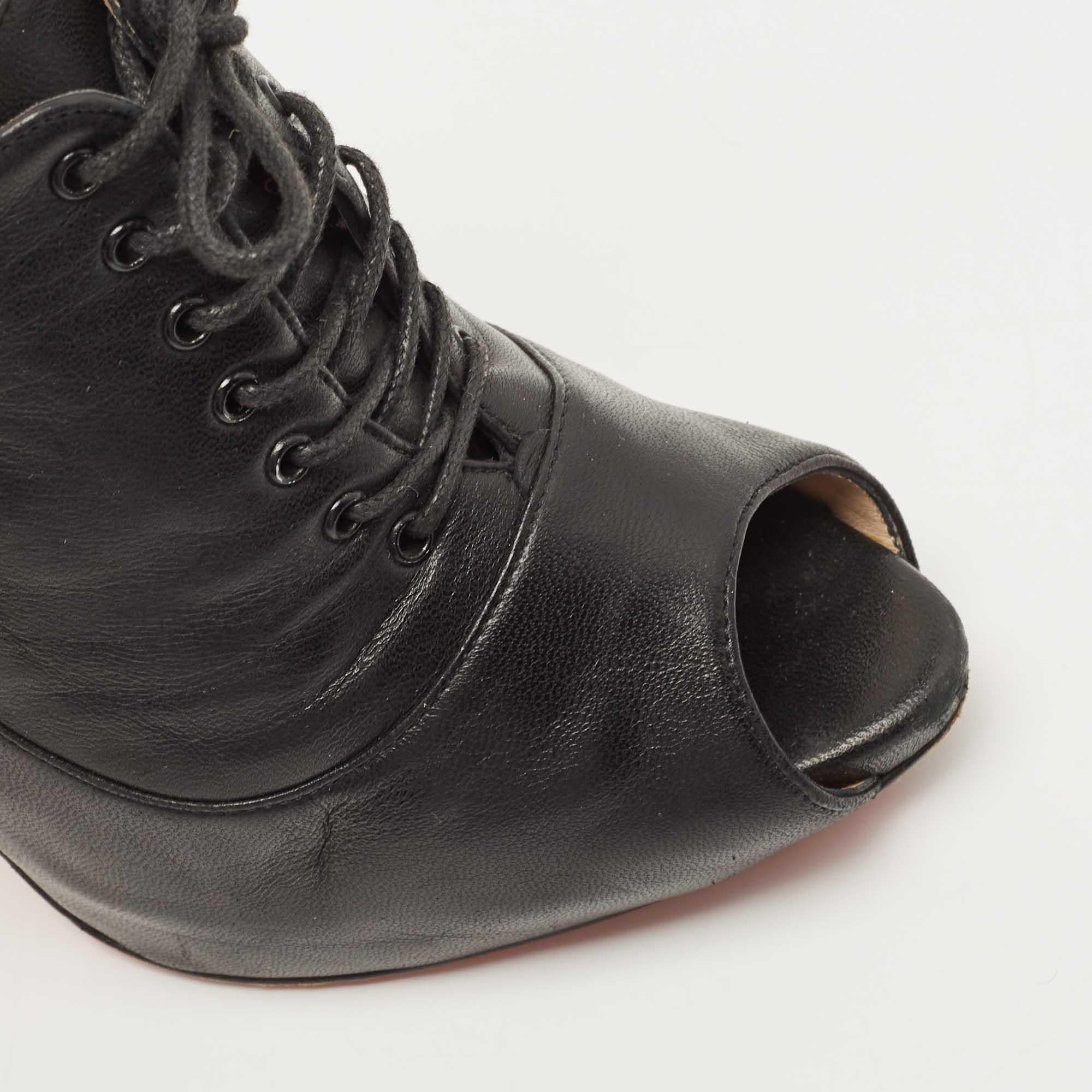 Christian Louboutin Black Leather Peep Toe Lace Up Booties Size 38.5 3