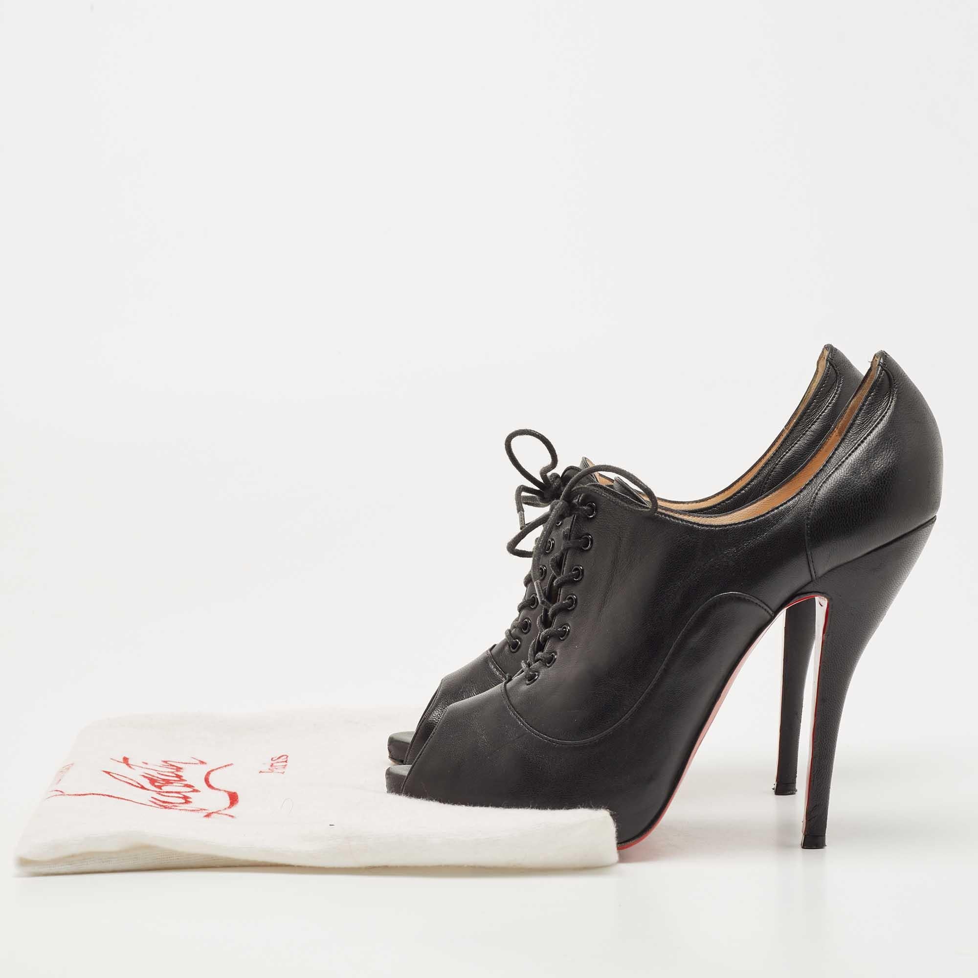 Christian Louboutin Black Leather Peep Toe Lace Up Booties Size 38.5 5