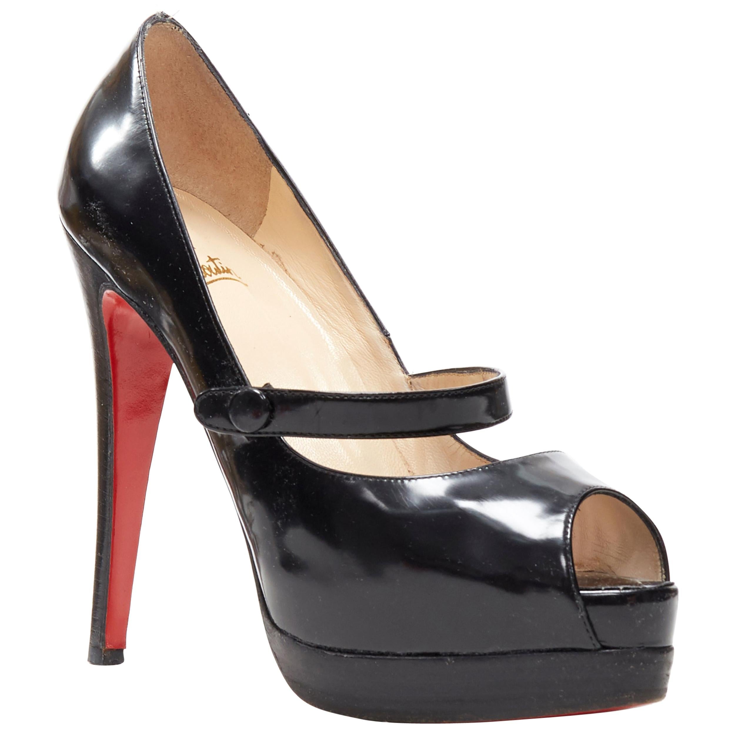 CHRISTIAN LOUBOUTIN black leather peep toe maryjane strap platform pump EU38