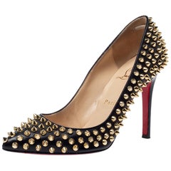 Christian Louboutin Black Leather Pigalle Spikes Pointed Toe Pumps Size 36.5