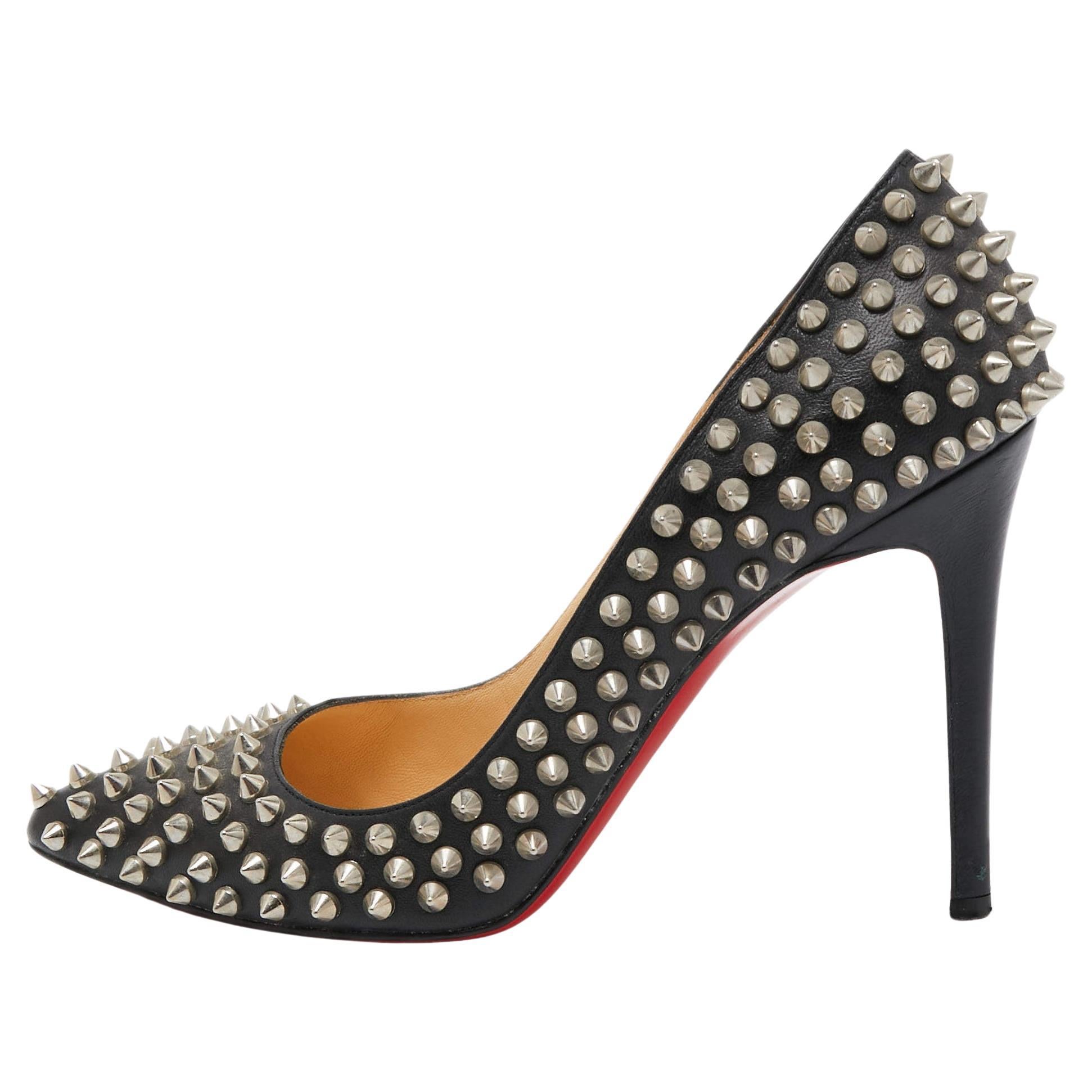 Christian Louboutin Black Leather Pigalle Spikes Pointed Toe Pumps Size 38.5 For Sale