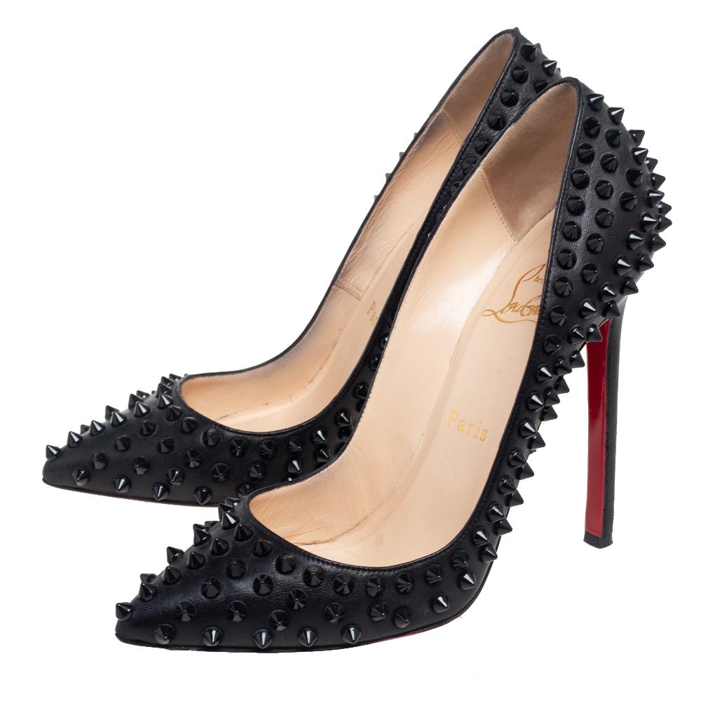 Women's Christian Louboutin Black Leather Pigalle Spikes Pumps Size 36