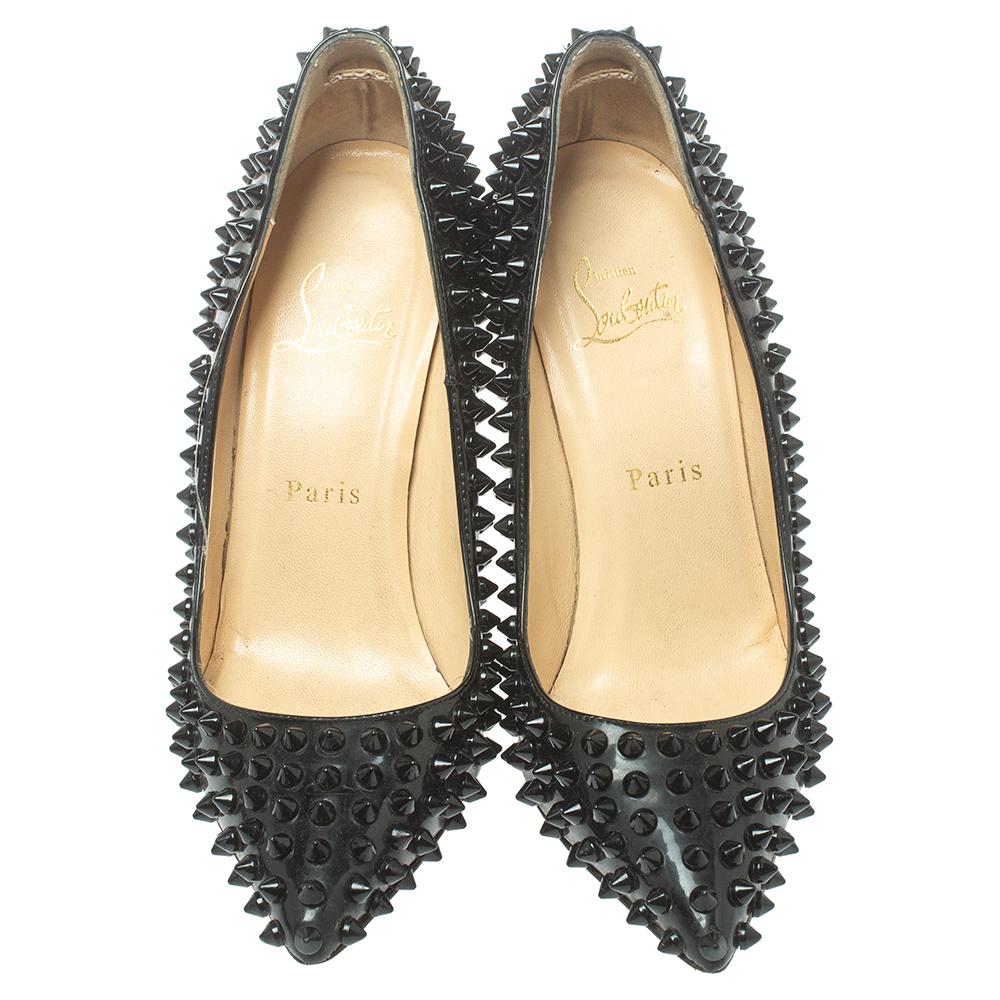 Dazzle everyone with these Louboutins by owning them today. Crafted from patent leather, these black Pigalle pumps carry a mesmerizing shape with spike embellishments all over, pointed toes, and 10.5 cm heels. Complete with the signature red soles,