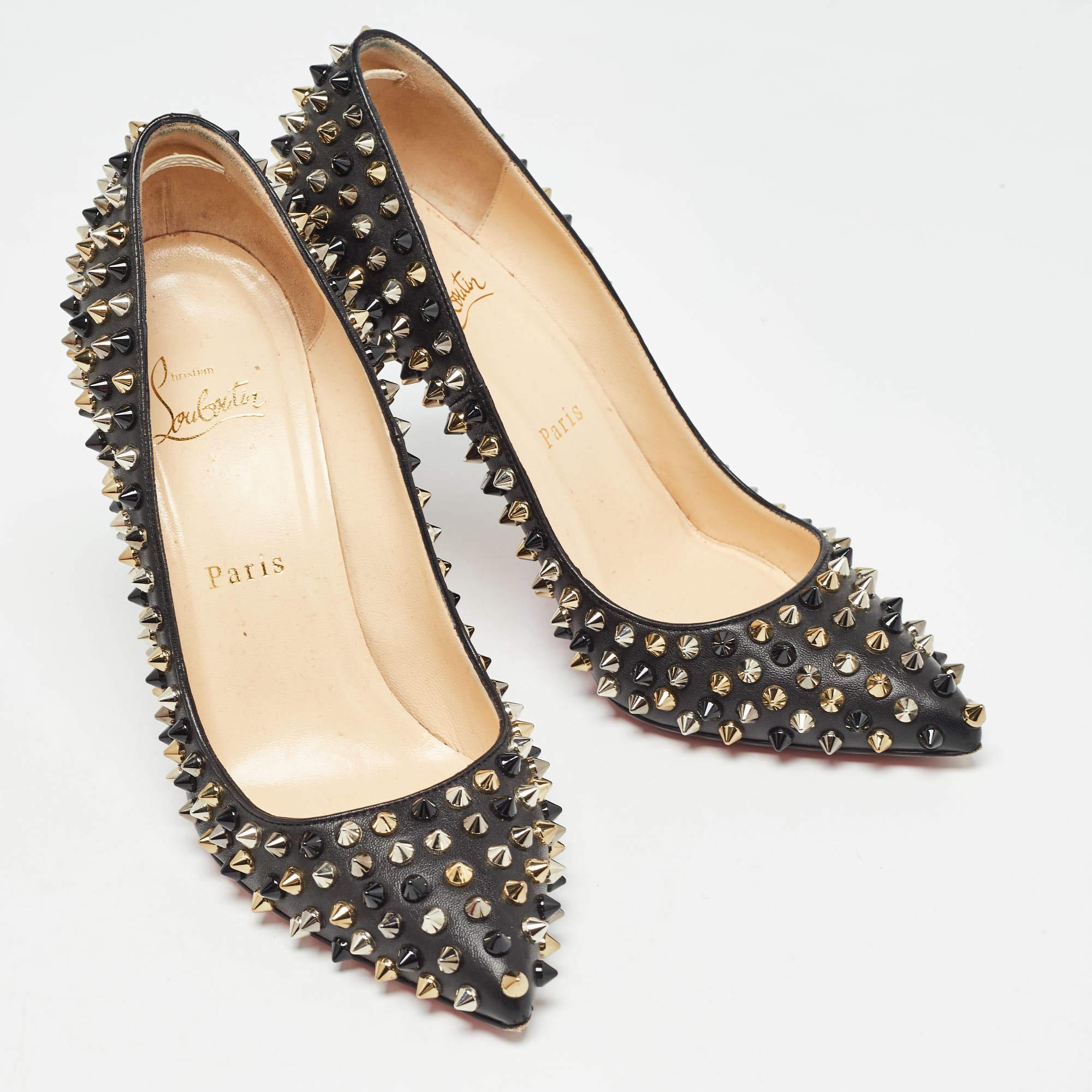 Women's Christian Louboutin Black Leather Pigalle Spikes Pumps Size 37.5