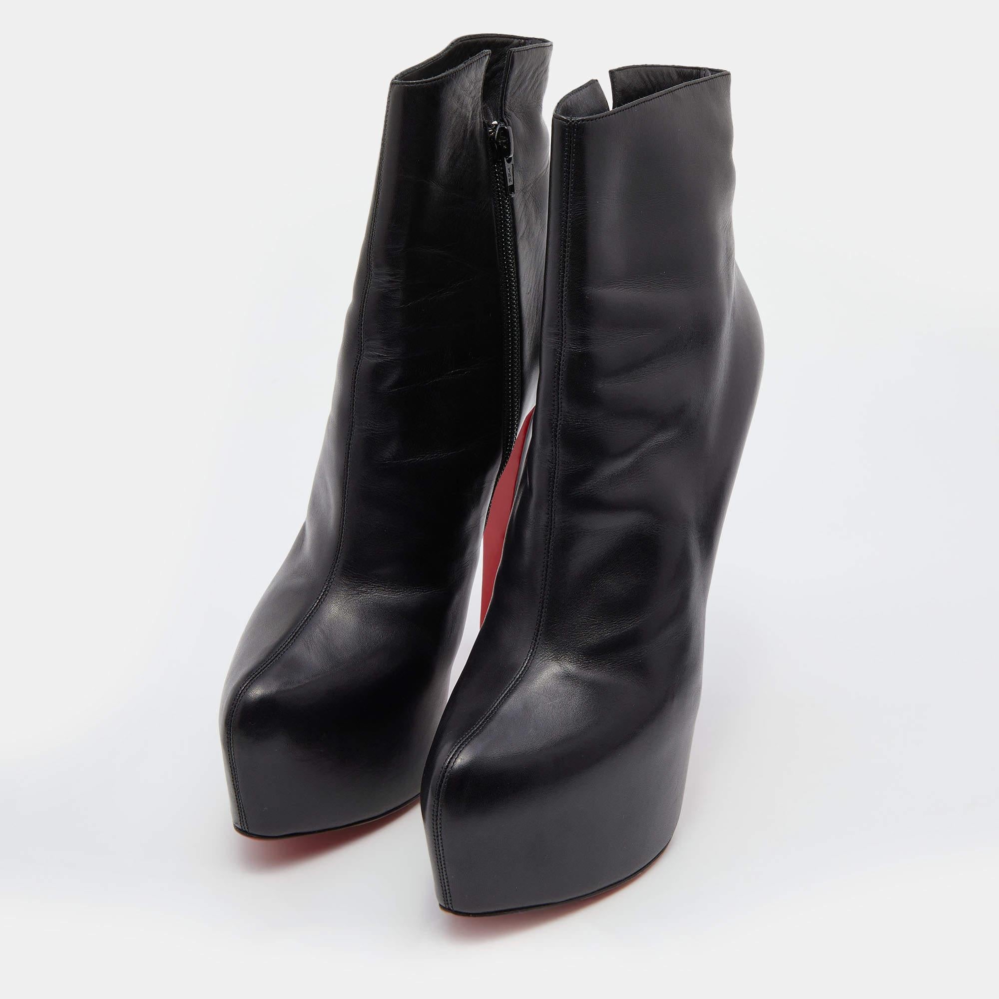 Women's Christian Louboutin Black Leather Platform Ankle Length Boots Size 41
