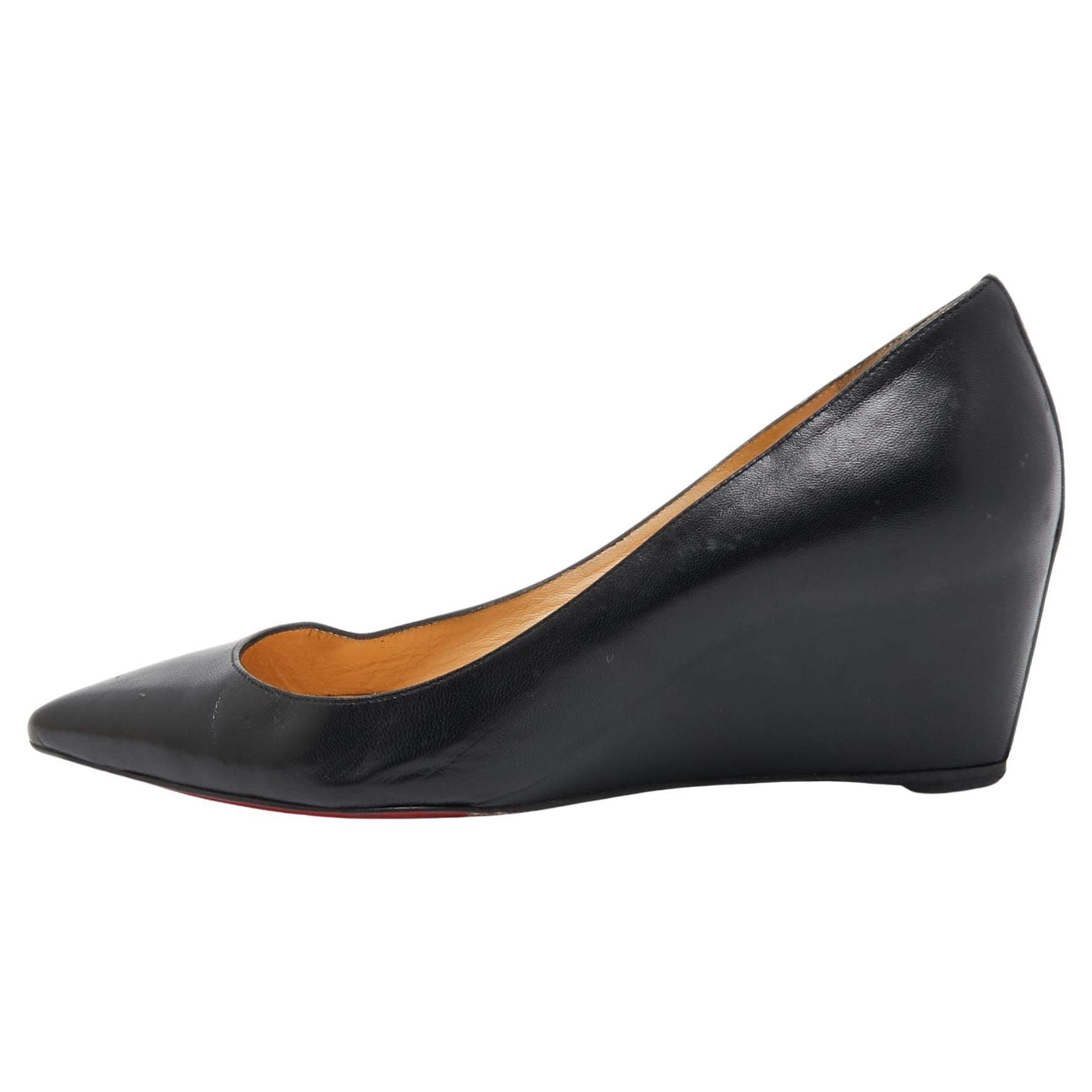 Christian Louboutin Black Leather Pointed Toe Wedge Pumps Size 37.5 For Sale