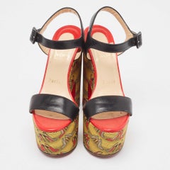 Christian Louboutin Black Leather Printed Platform Block Heel Ankle Strap Sandal
