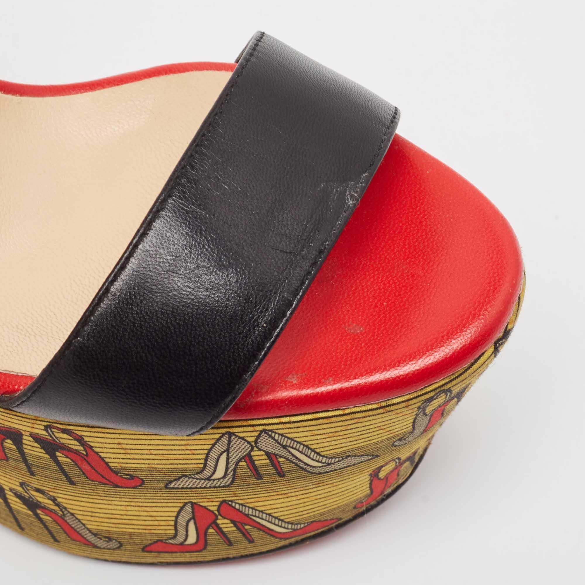 Marron Christian Louboutin - Sandales en cuir noir à plateforme imprimée et à talon bloc en vente