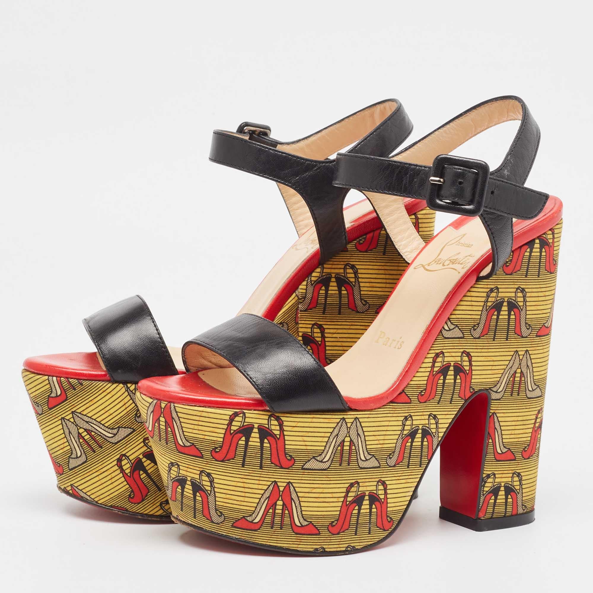 Christian Louboutin - Sandales en cuir noir à plateforme imprimée et à talon bloc Pour femmes en vente