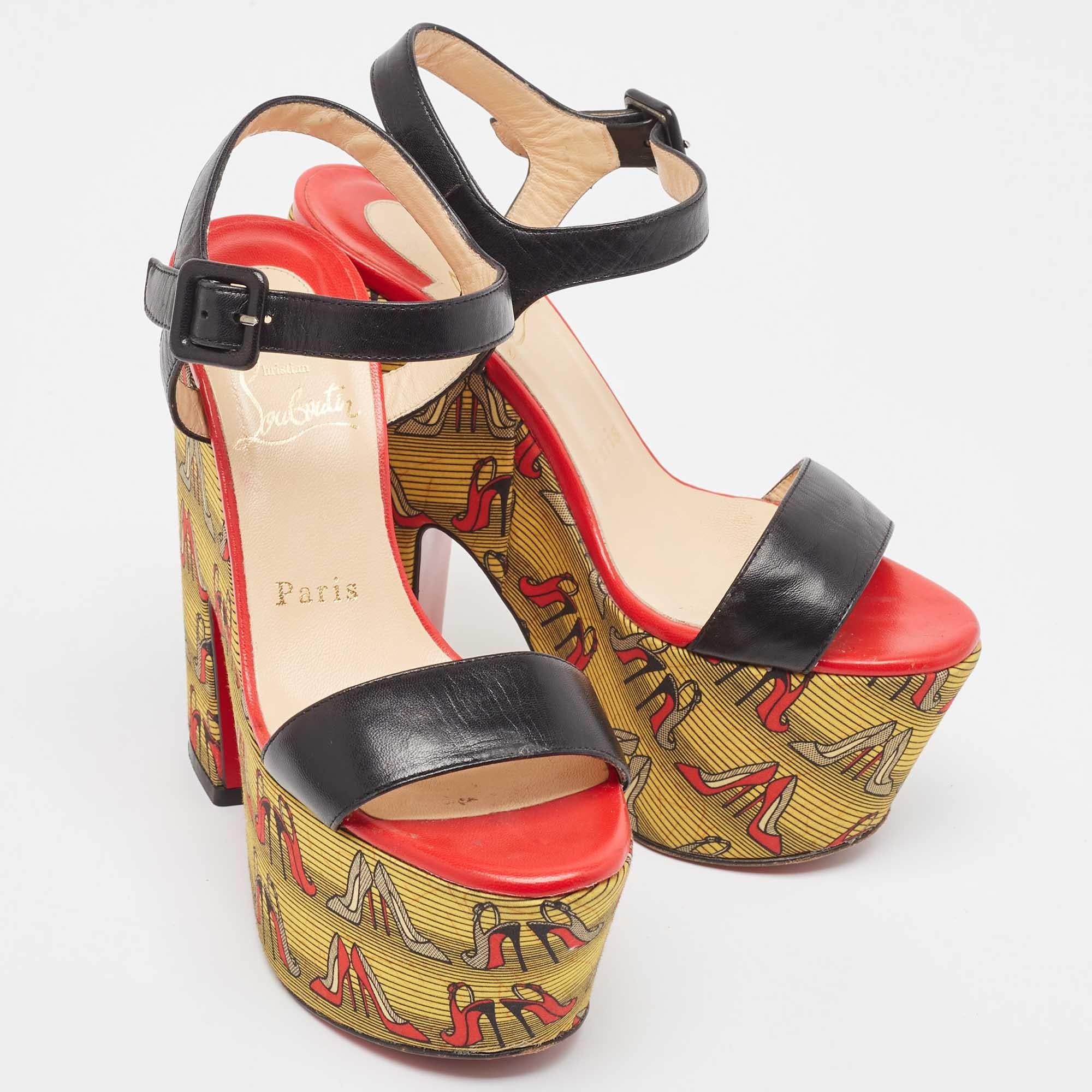 Christian Louboutin - Sandales en cuir noir à plateforme imprimée et à talon bloc en vente 1