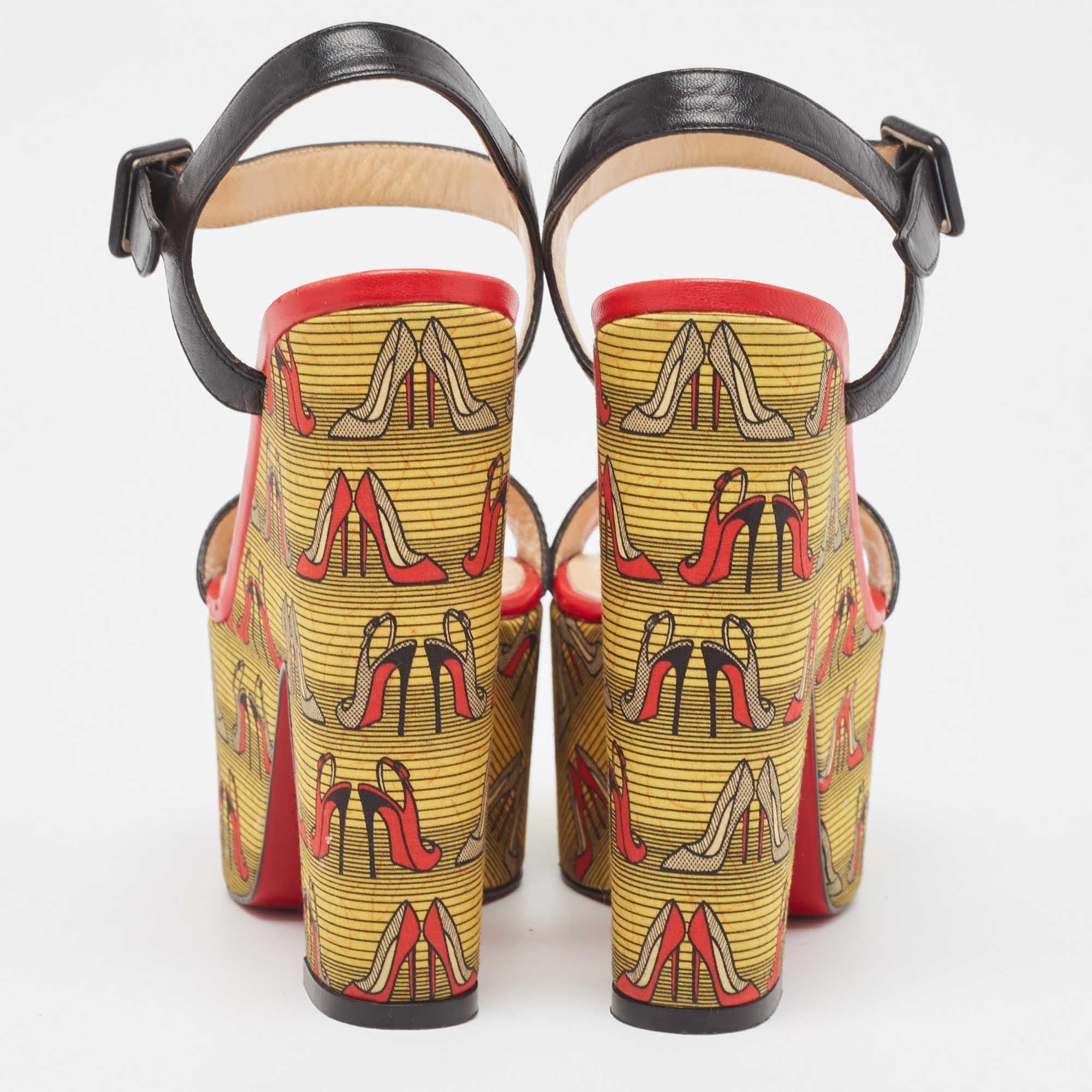 Christian Louboutin - Sandales en cuir noir à plateforme imprimée et à talon bloc en vente 2