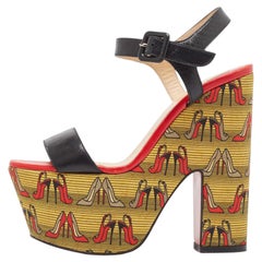 Christian Louboutin Black Leather Printed Platform Block Heel Ankle Strap Sandal