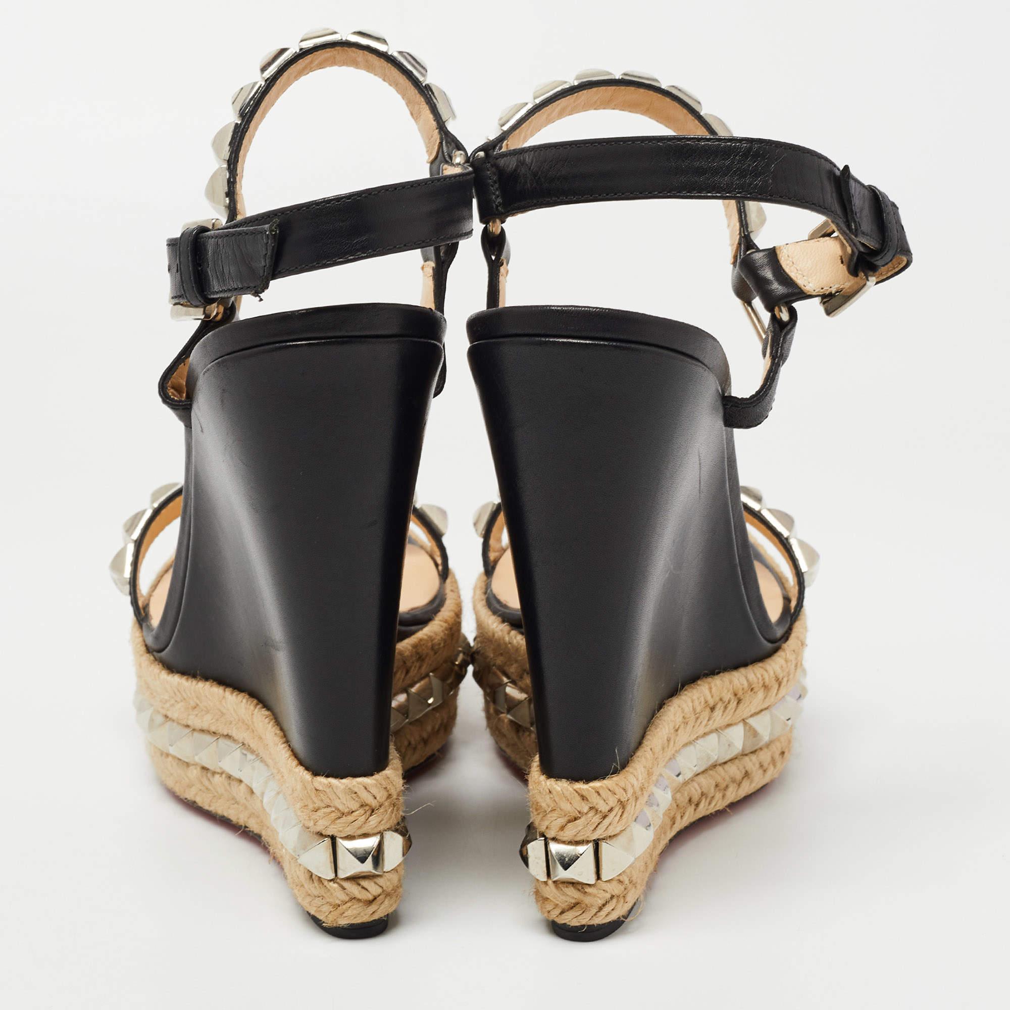 Christian Louboutin Black Leather Pyraclou Espadrille Wedge Sandals Size 41 In Good Condition In Dubai, Al Qouz 2