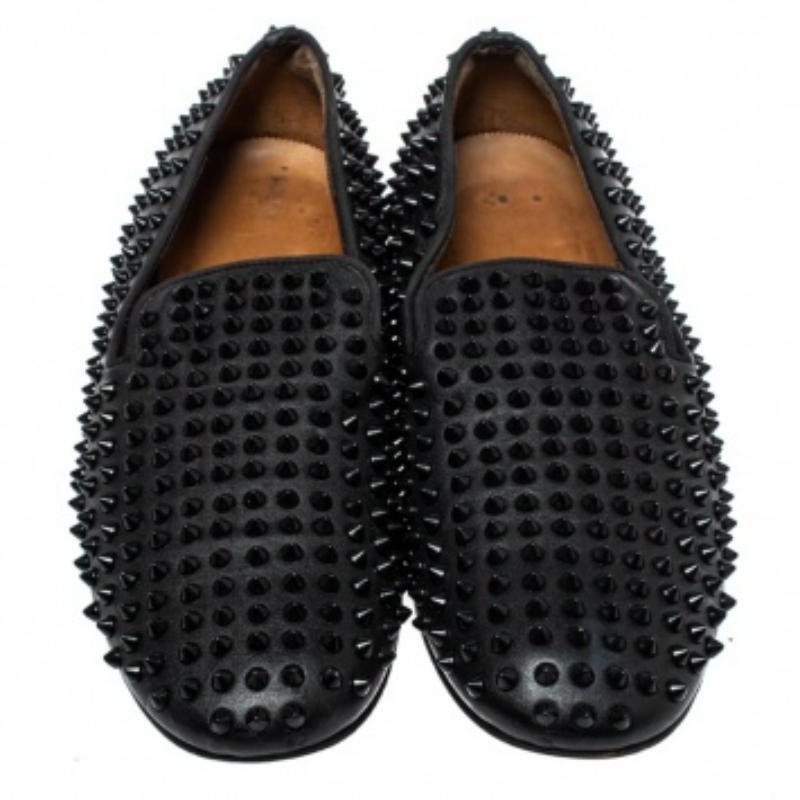 Christian Louboutin Black Leather Rollerboy Spiked Loafers Size 43.5 For Sale 2