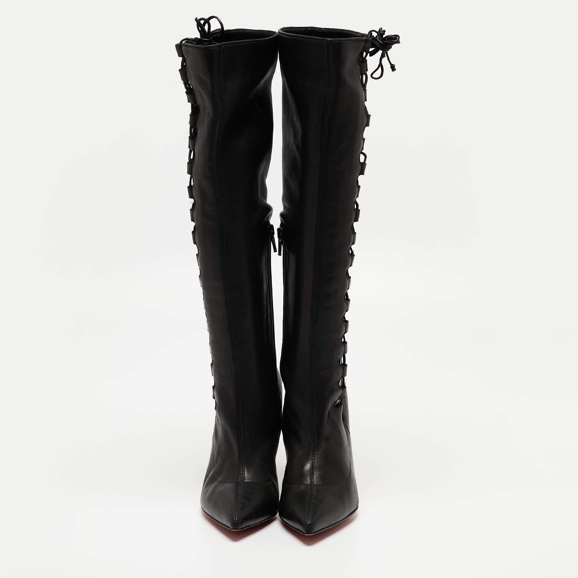 If the quest is for a pair of black boots, we'll gladly choose this one by Christian Louboutin. The women's boots are crafted from leather as knee-high and designed with side strings and sleek heels.

