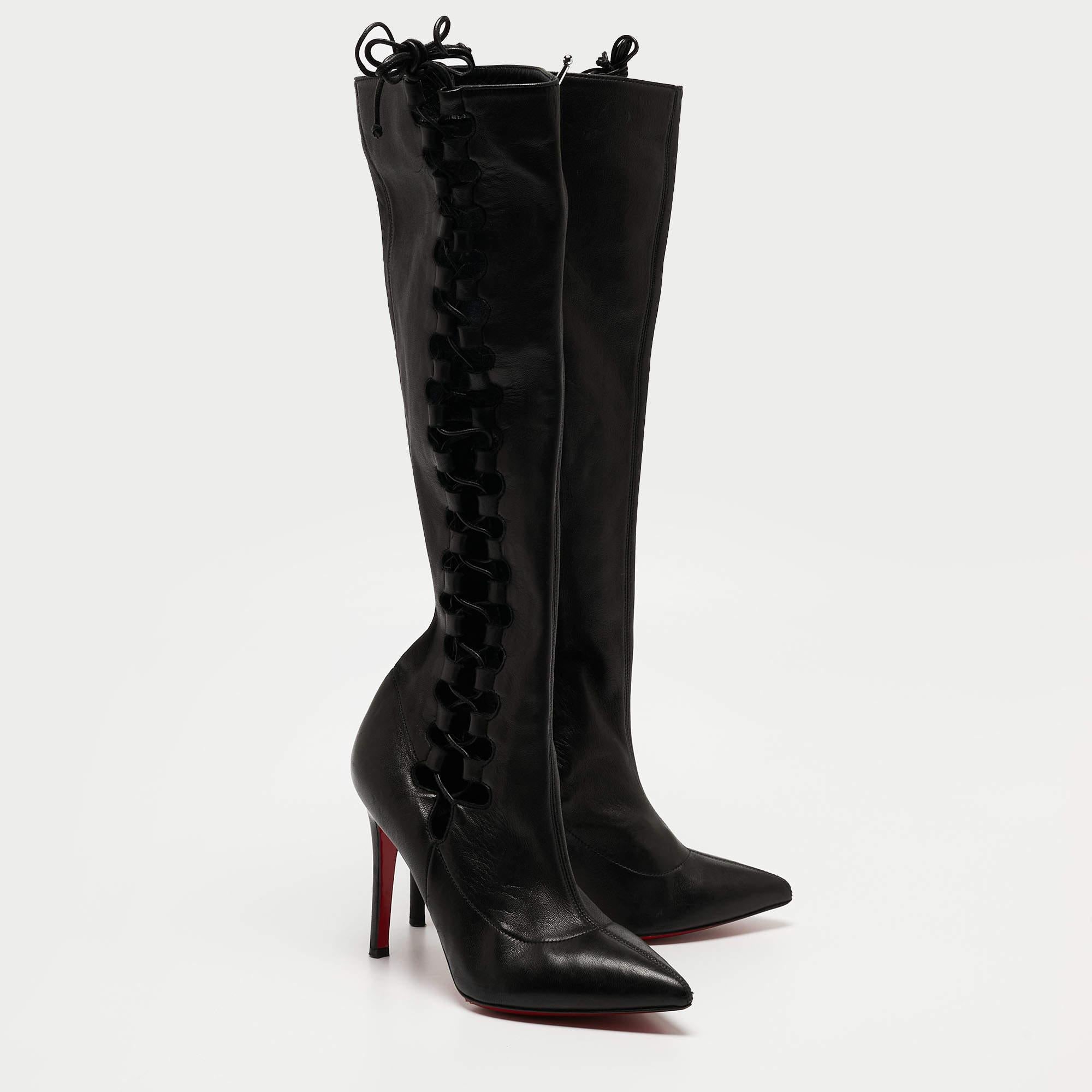 Christian Louboutin Black Leather Sempre Knee Length Boots Size 37 For Sale 4