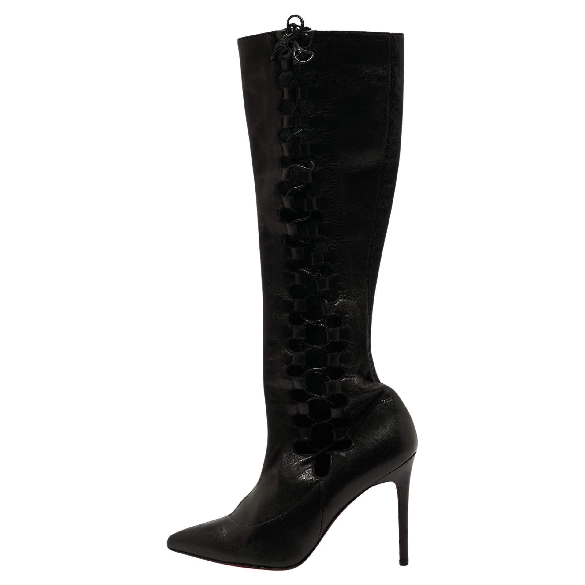 Christian Louboutin Black Leather Sempre Knee Length Boots Size 37 For Sale