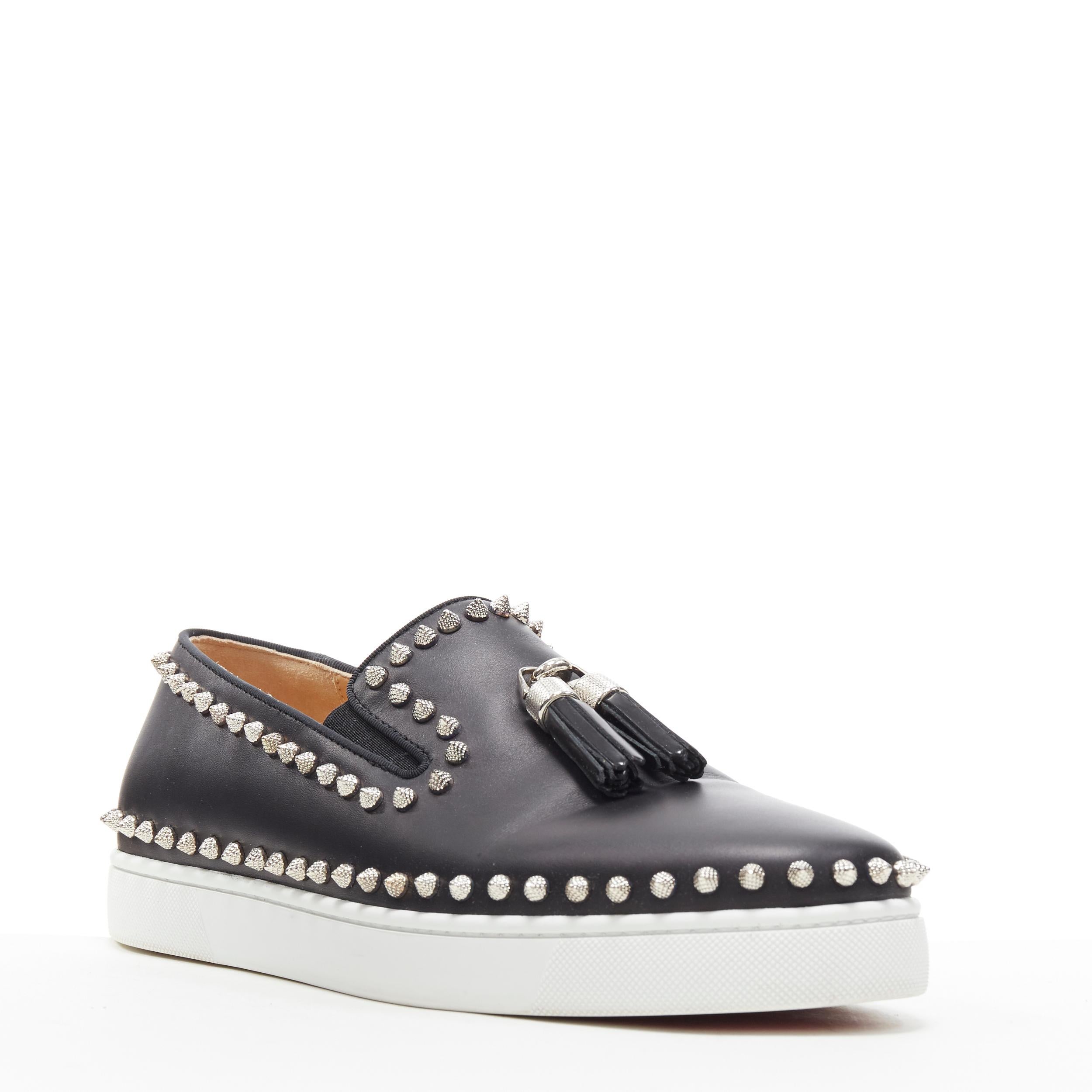CHRISTIAN LOUBOUTIN black leather silver spike stud tassel skate sneaker EU41.5
Brand: Christian Louboutin
Designer: Christian Louboutin
Model Name / Style: Low top sneaker
Material: Leather
Color: Black
Pattern: Solid
Closure: Slip on
Extra Detail: