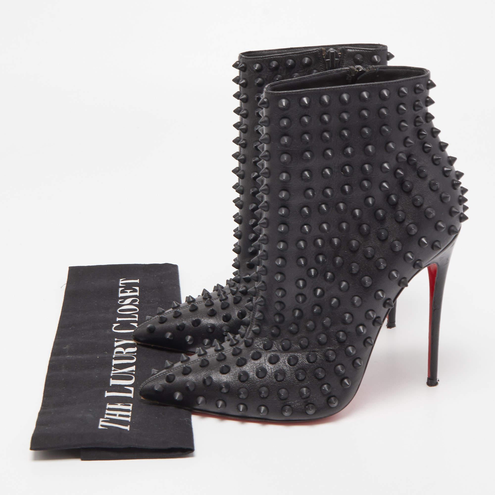 Christian Louboutin Black Leather Snakilta Spike Ankle Booties Size 38 5