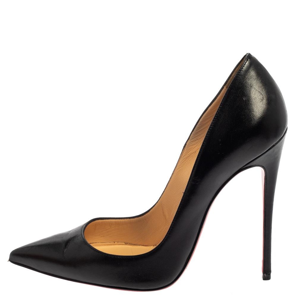 Christian Louboutin's one of the most loved styles is So Kate, named after the English model, actress, and businesswoman, Kate Moss. These So Kate pumps are rendered in black leather flaunting well-cut vamps, pointed toes, and 12 cm heels that