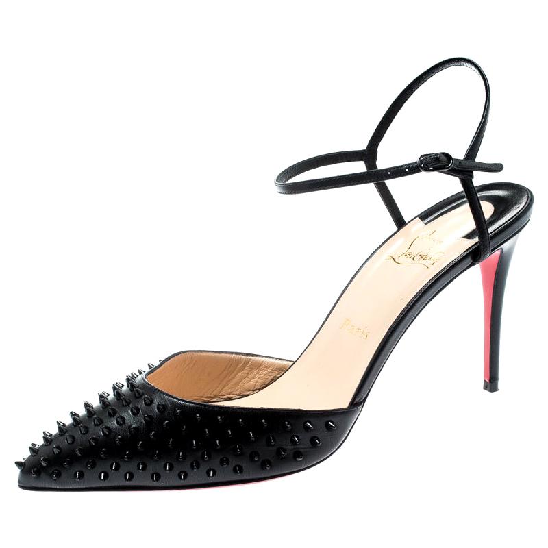 Christian Louboutin Black Leather Spike Baila Ankle Strap Sandals Size ...