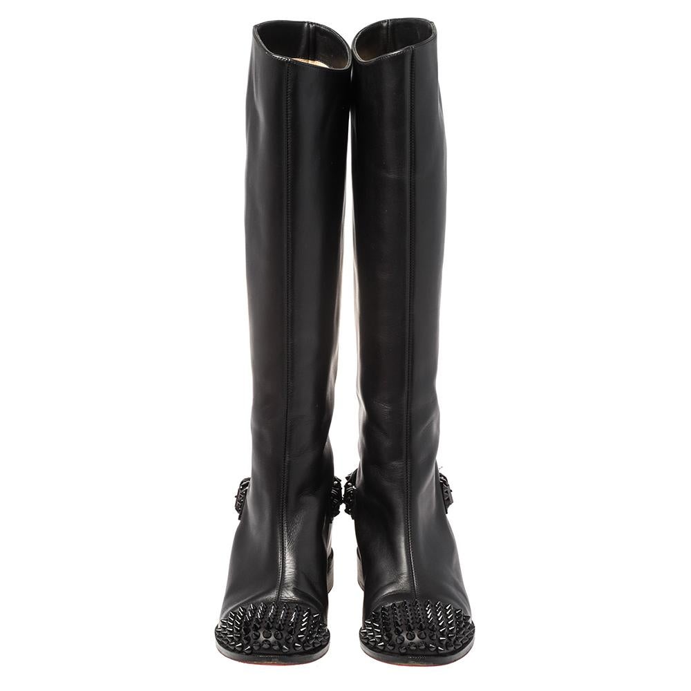 Christian Louboutin Black Leather Spike Cap Toe Egoutina Knee Boots Size 37 1