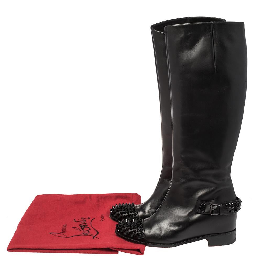 Christian Louboutin Black Leather Spike Cap Toe Egoutina Knee Boots Size 37 5