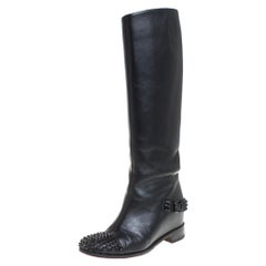 Christian Louboutin Black Leather Spike Cap Toe Egoutina Knee Boots Size 39
