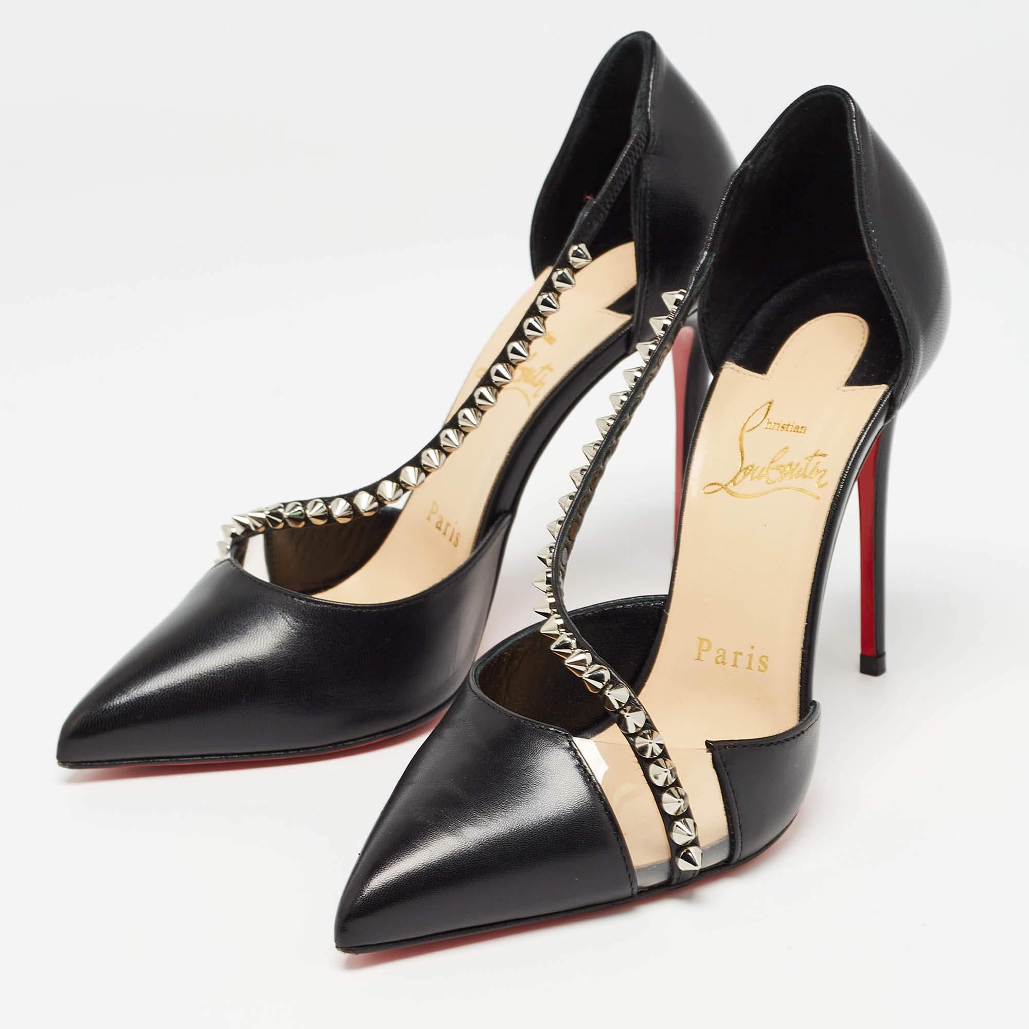 Women's Christian Louboutin Black Leather Spike Cross Pumps Size 35.5
