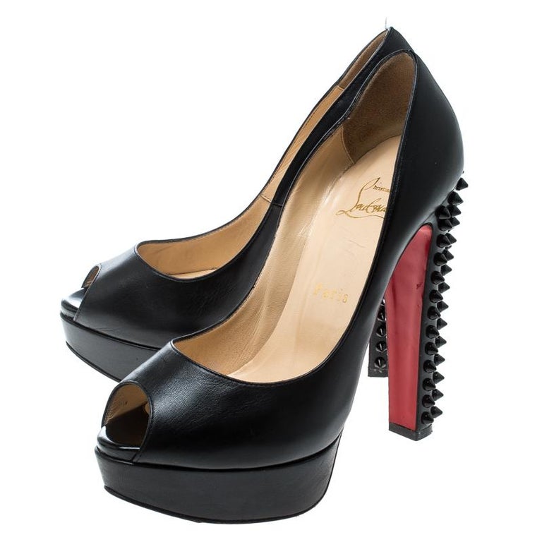 Christian Louboutin Black Leather Spike Embellished Heel Peep Toe ...