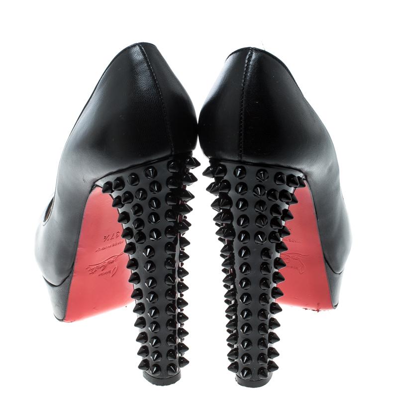 Christian Louboutin Black Leather Spike Embellished Heel Peep Toe Platform Pumps In Good Condition In Dubai, Al Qouz 2