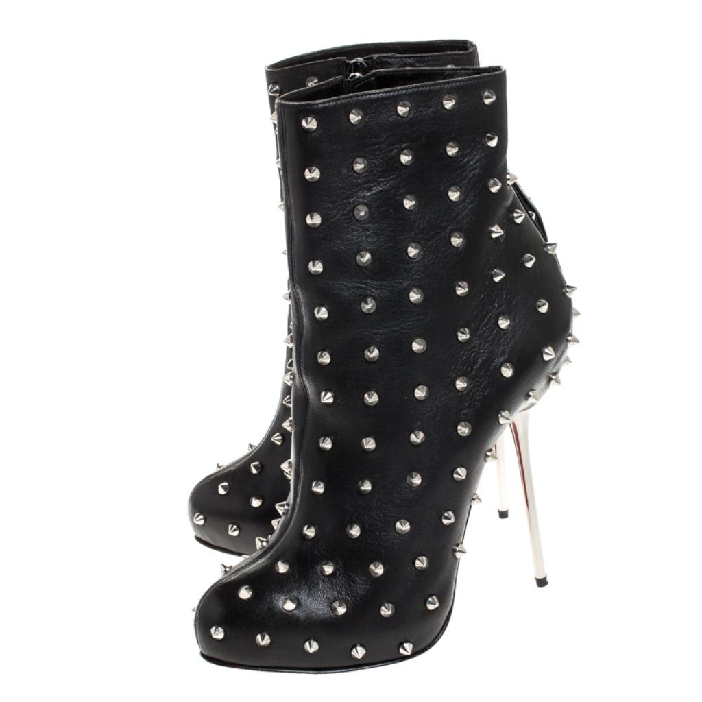 Women's Christian Louboutin Black Leather Spike Metal Heel Ankle Boots Size 38