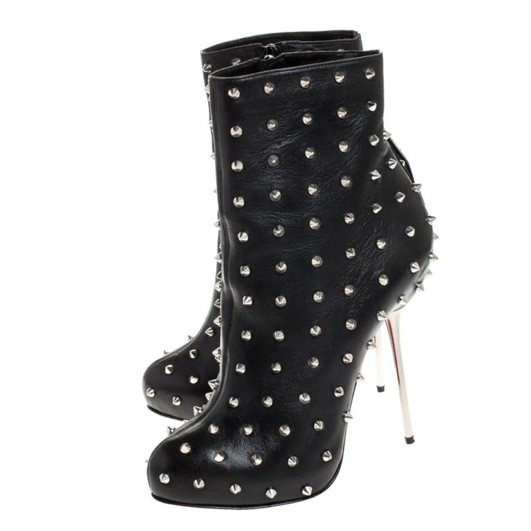 Christian Louboutin Black Leather Spike Metal Heel Ankle Boots Size 38 For Sale at 1stdibs
