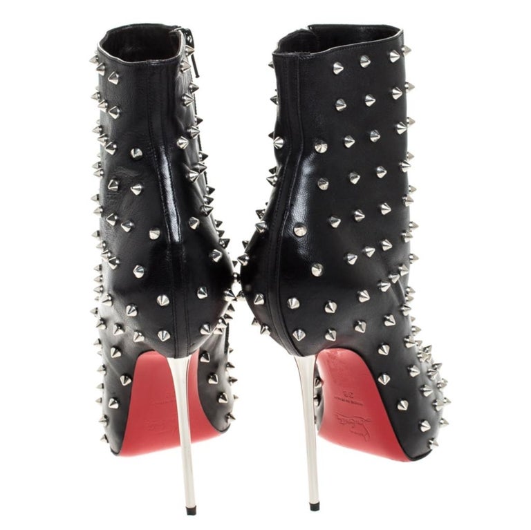 Christian Louboutin Black Leather Spike Metal Heel Ankle Boots Size 38 For Sale at 1stdibs