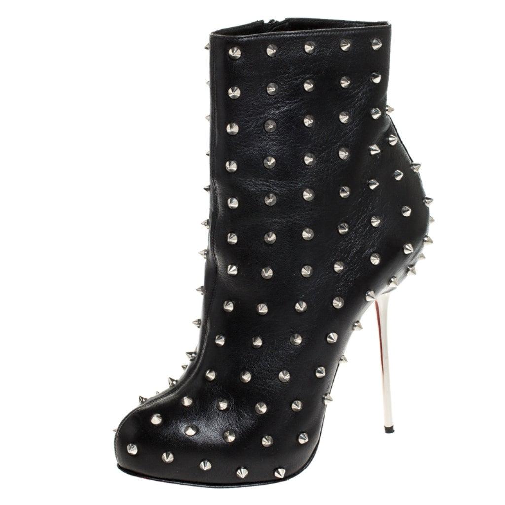 Christian Louboutin Black Leather Spike Metal Heel Ankle Boots Size 38 ...