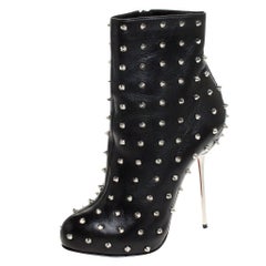 Christian Louboutin Black Leather Spike Metal Heel Ankle Boots Size 38