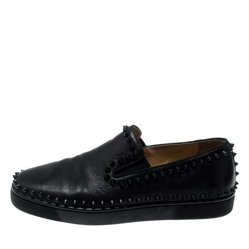 Christian Louboutin Black Leather Spike Pik Boat Slip On Sneakers Size 42.5 In Good Condition In Dubai, Al Qouz 2