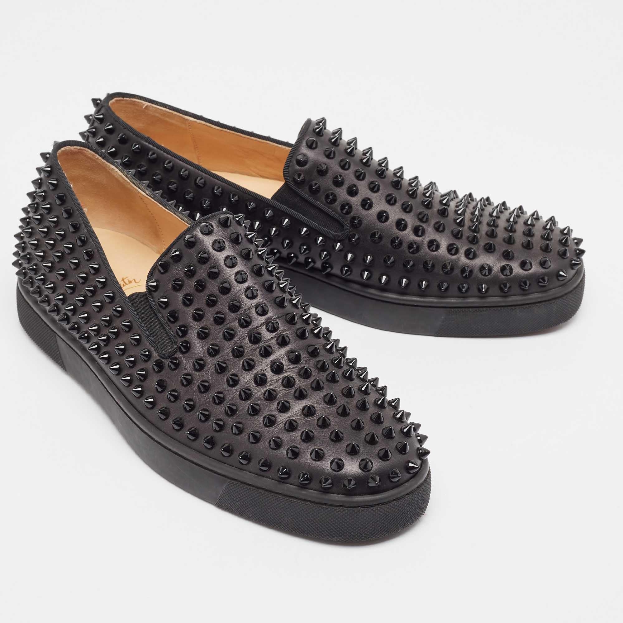 Men's Christian Louboutin Black Leather Spike Roller Boat Sneakers Size 42
