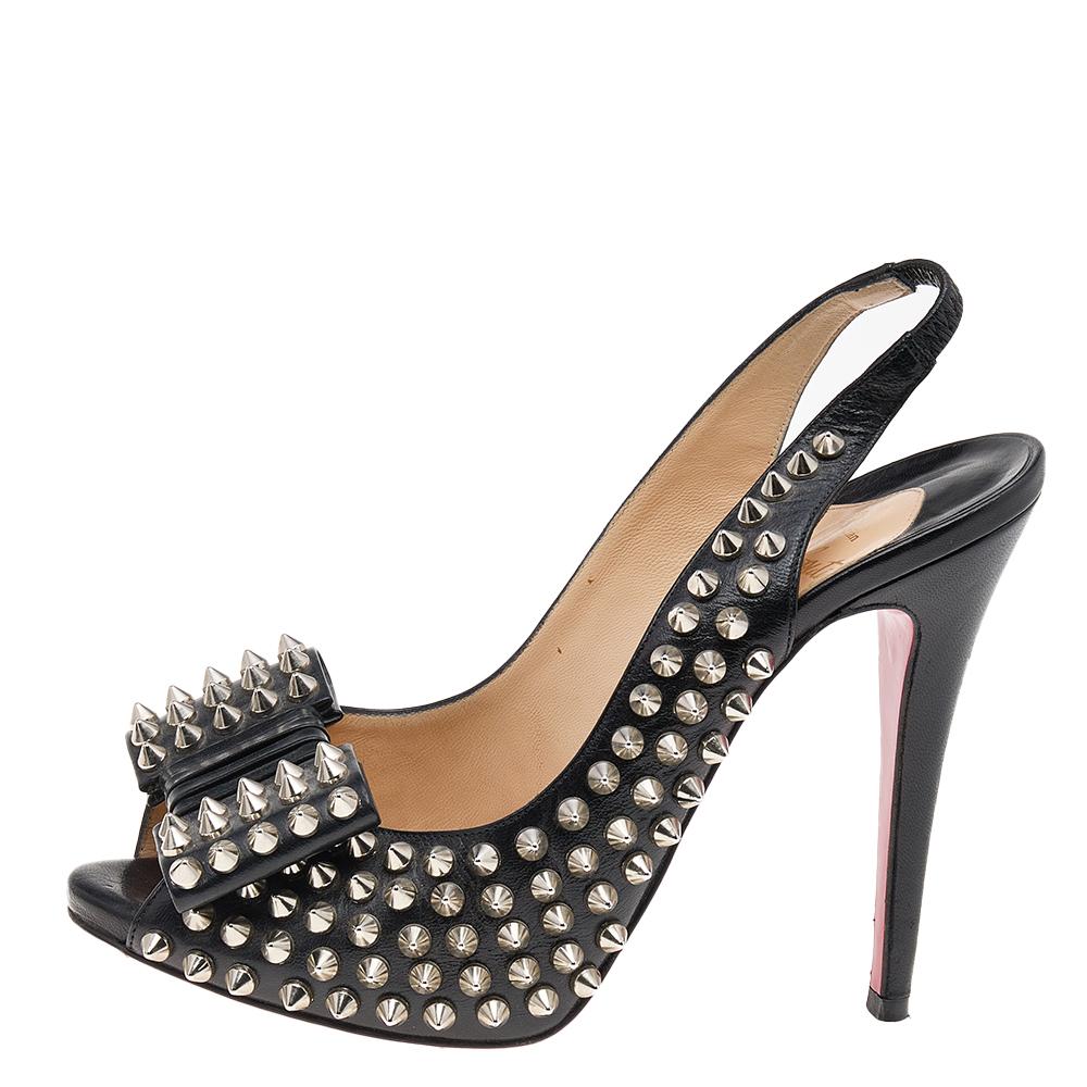 Christian Louboutin Black Leather Spikes Clou Noeud Slingback Sandals Size 37 1