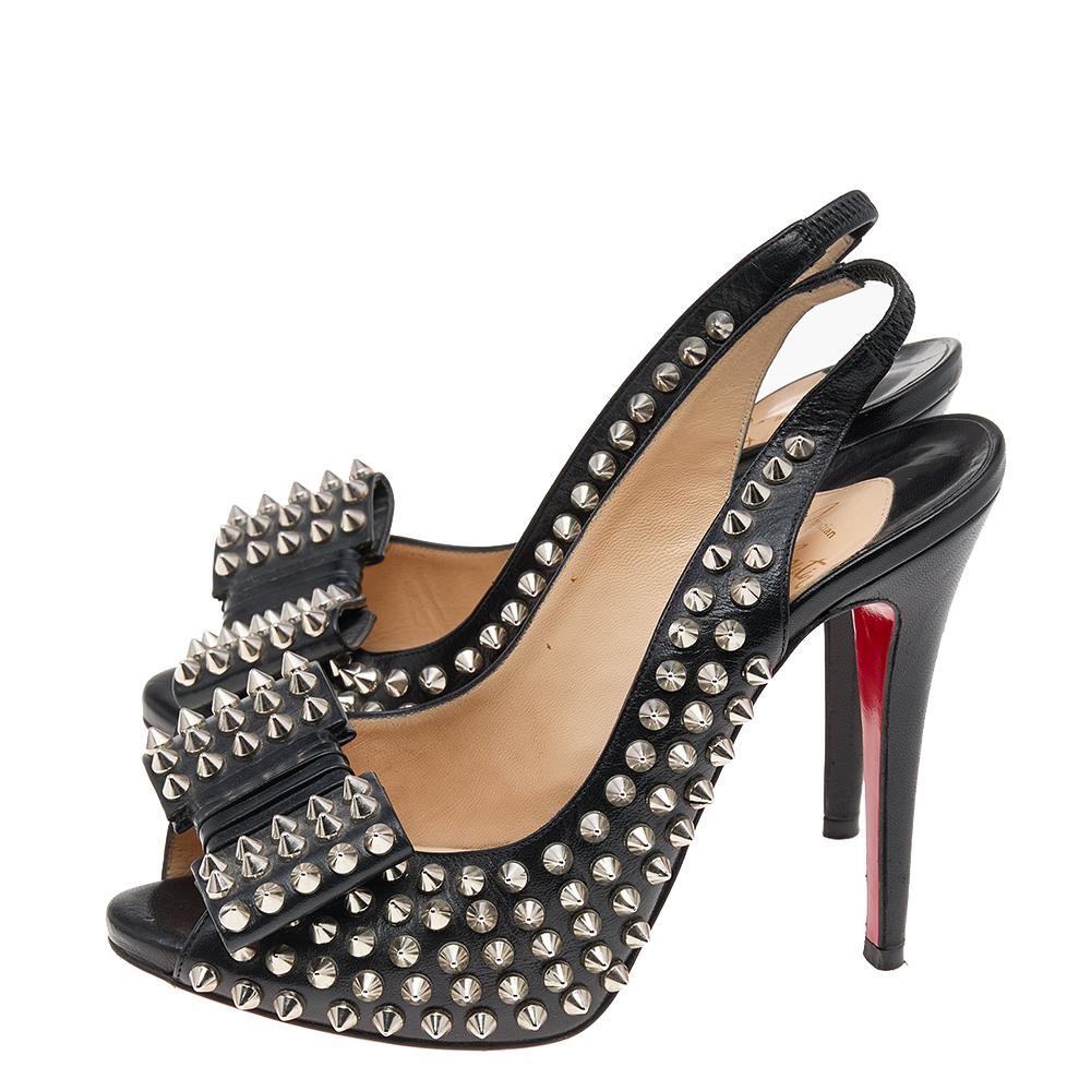 Christian Louboutin Black Leather Spikes Clou Noeud Slingback Sandals Size 37 3