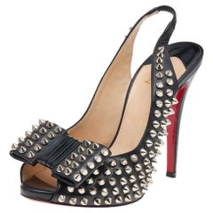 Christian Louboutin Black Leather Spikes Clou Noeud Slingback Sandals Size 37