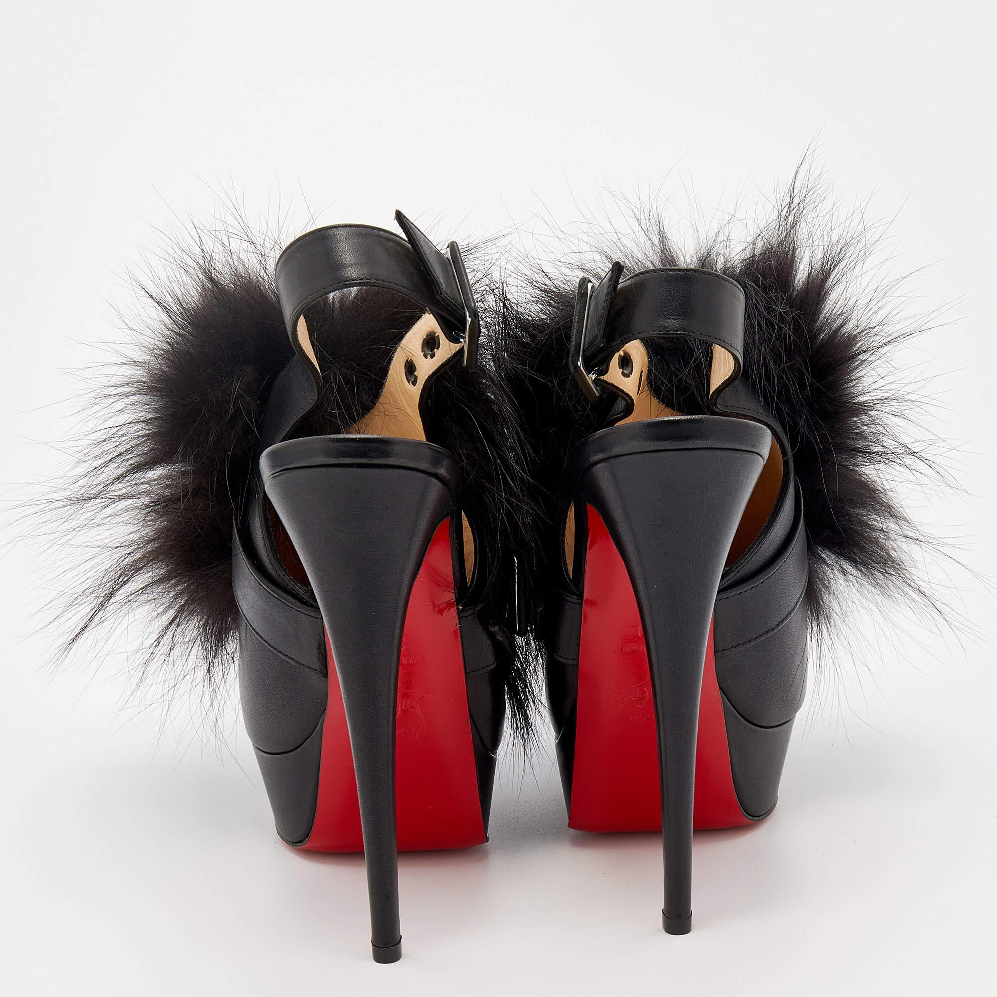 Christian Louboutin Black Leather Splash Fur Peep Toe Platform Sandals Size 39