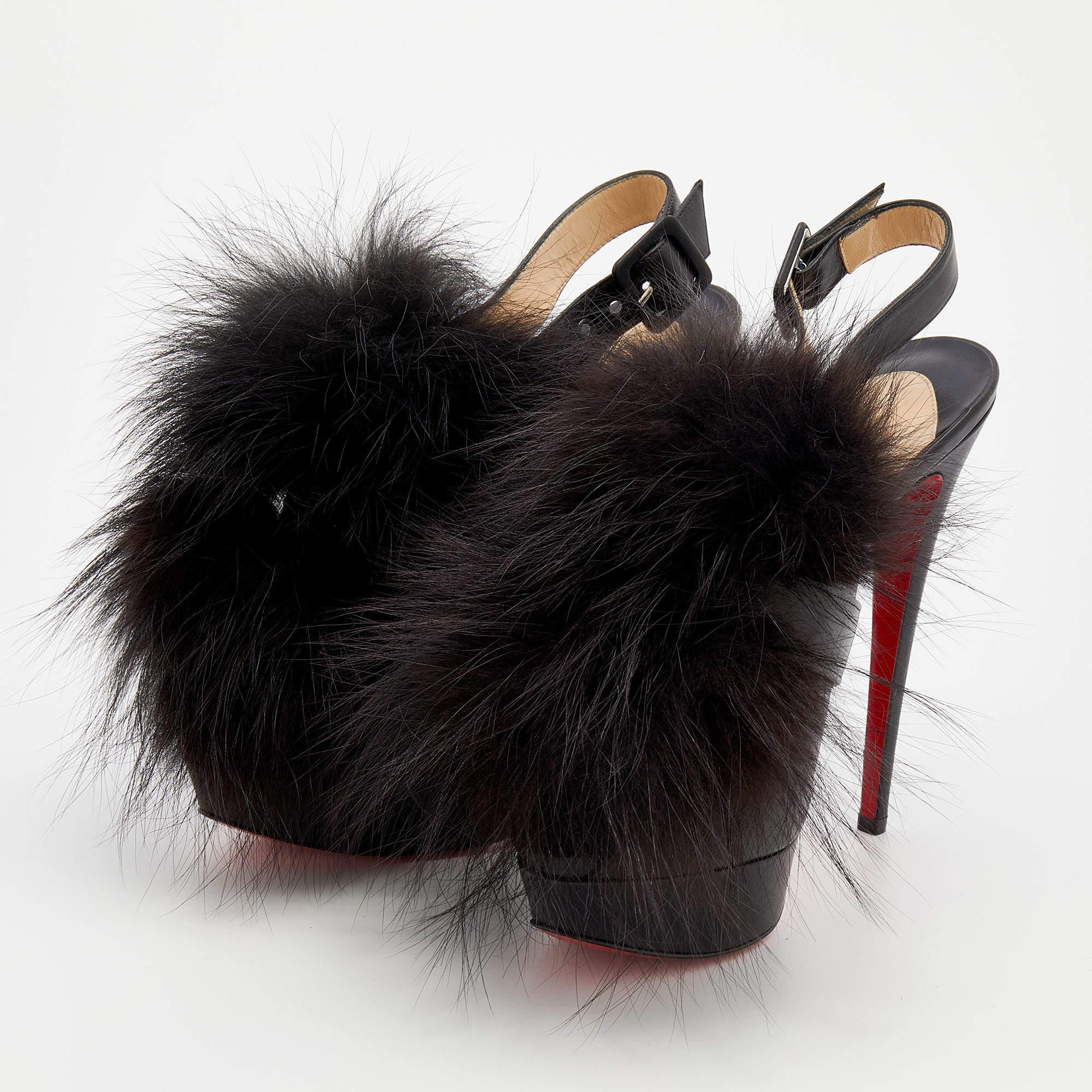 Christian Louboutin Black Leather Splash Fur Peep Toe Platform Sandals Size 39 In Excellent Condition In Dubai, Al Qouz 2